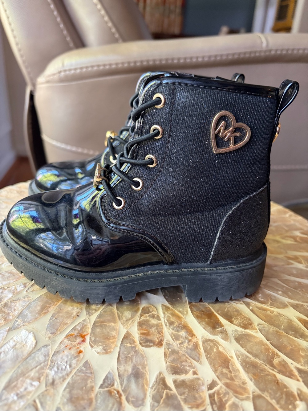 Michael Kors Girls' Black Patent Combat Boots with Gold MK Heart